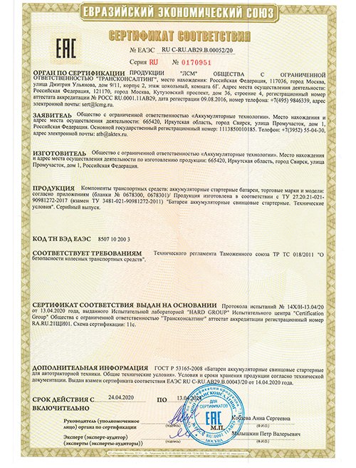 Сертификат АКТЕХ апрель 2024